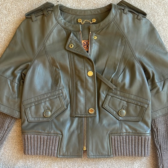 TORY BURCH Green Lambskin & Sweater-Sleeved Biker Jacket Sz XS - Picture 9 of 12